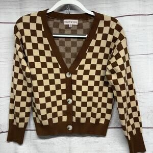 Willow & Wind Brown Checkered Cardigan Sweater Medium Neutral Y2K